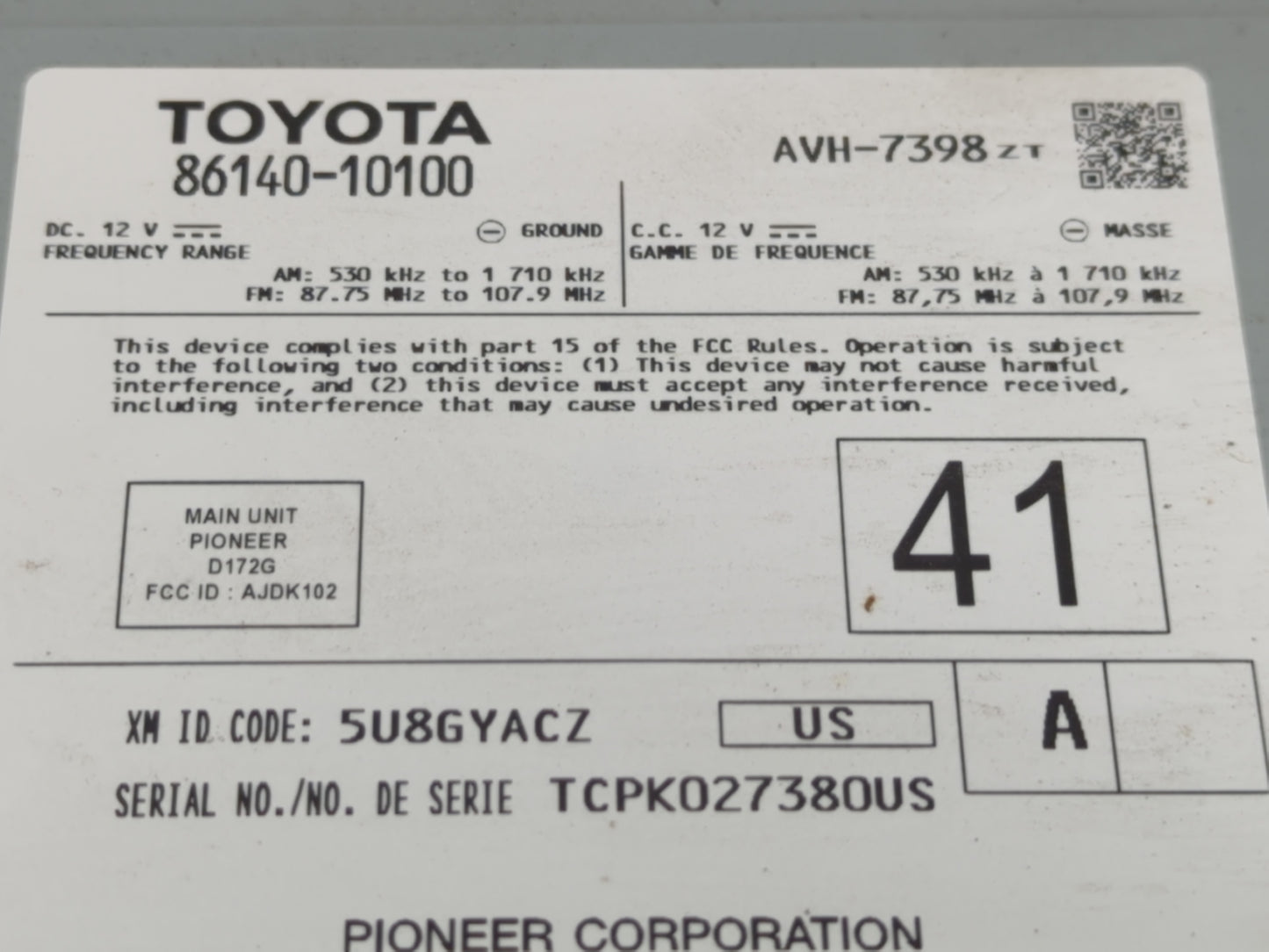 2020 Toyota C-Hr Radio AM FM Cd Player Receiver Replacement P/N:86140-10100 Fits OEM Used Auto Parts - Oemusedautoparts1.com