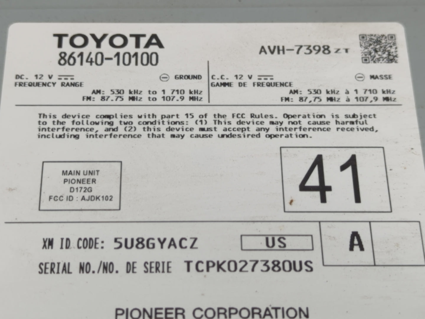 2020-2022 Toyota C-Hr Radio AM FM Cd Player Receiver Replacement P/N:86140-10100 Fits Fits 2020 2021 2022 OEM Used Auto Part