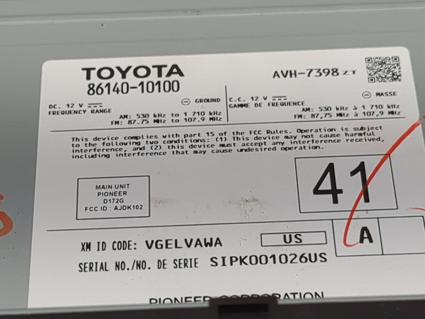2020 Toyota C-Hr Radio AM FM Cd Player Receiver Replacement P/N:86140-10100 AVH-7398, AJDK102, D172G Fits OEM Used Auto Part
