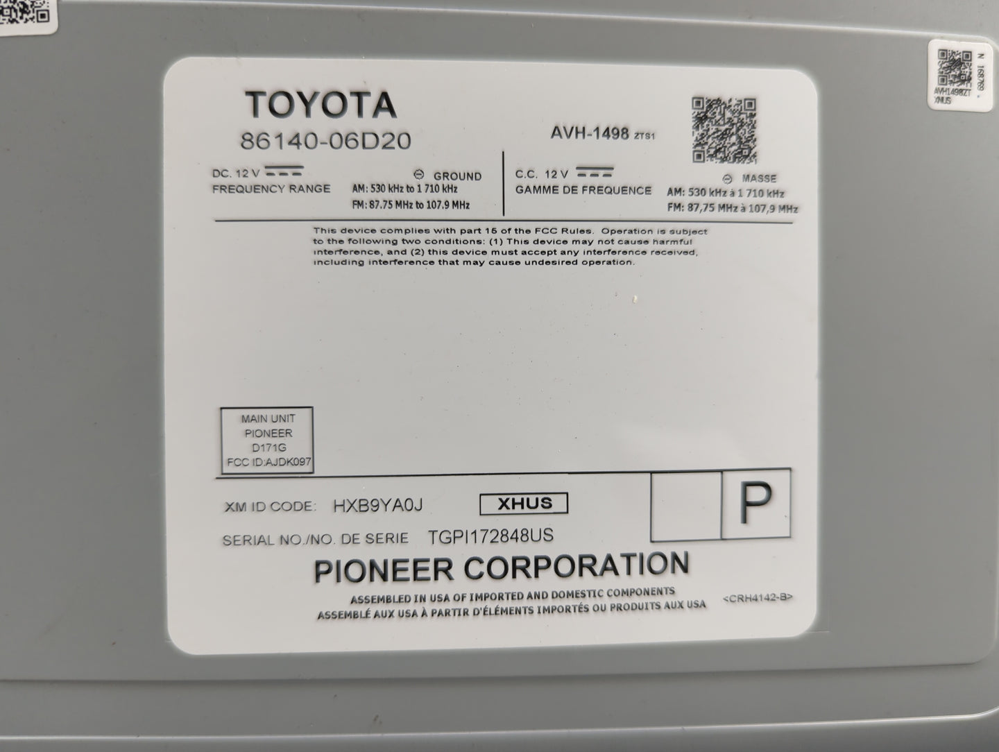2020-2022 Toyota Camry Radio AM FM Cd Player Receiver Replacement P/N:86140-06D20 AVH-1498 Fits Fits 2020 2021 2022 OEM Used