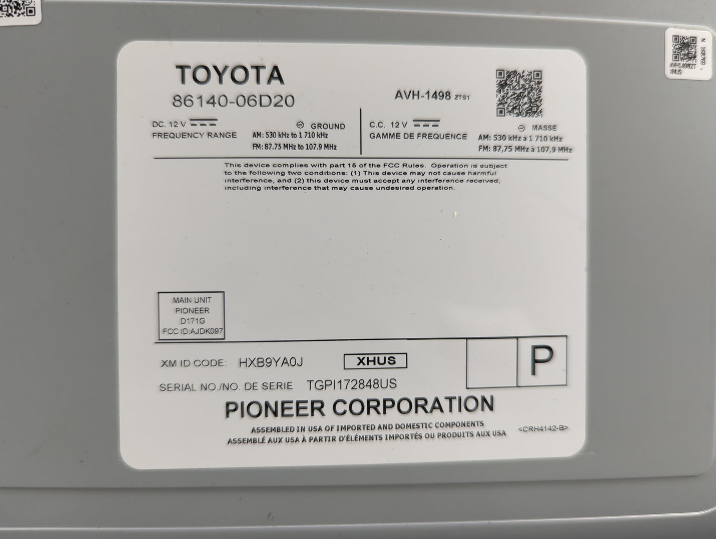 2020-2022 Toyota Camry Radio AM FM Cd Player Receiver Replacement P/N:86140-06D20 AVH-1498 Fits Fits 2020 2021 2022 OEM Used