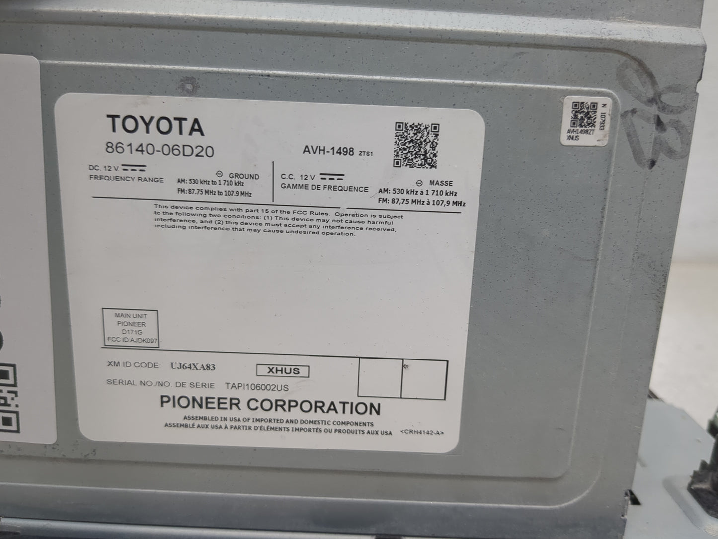 2018-2020 Toyota Camry Radio AM FM Cd Player Receiver Replacement P/N:86140-06D20 AVH-1498, D171G Fits Fits 2018 2019 2020 O