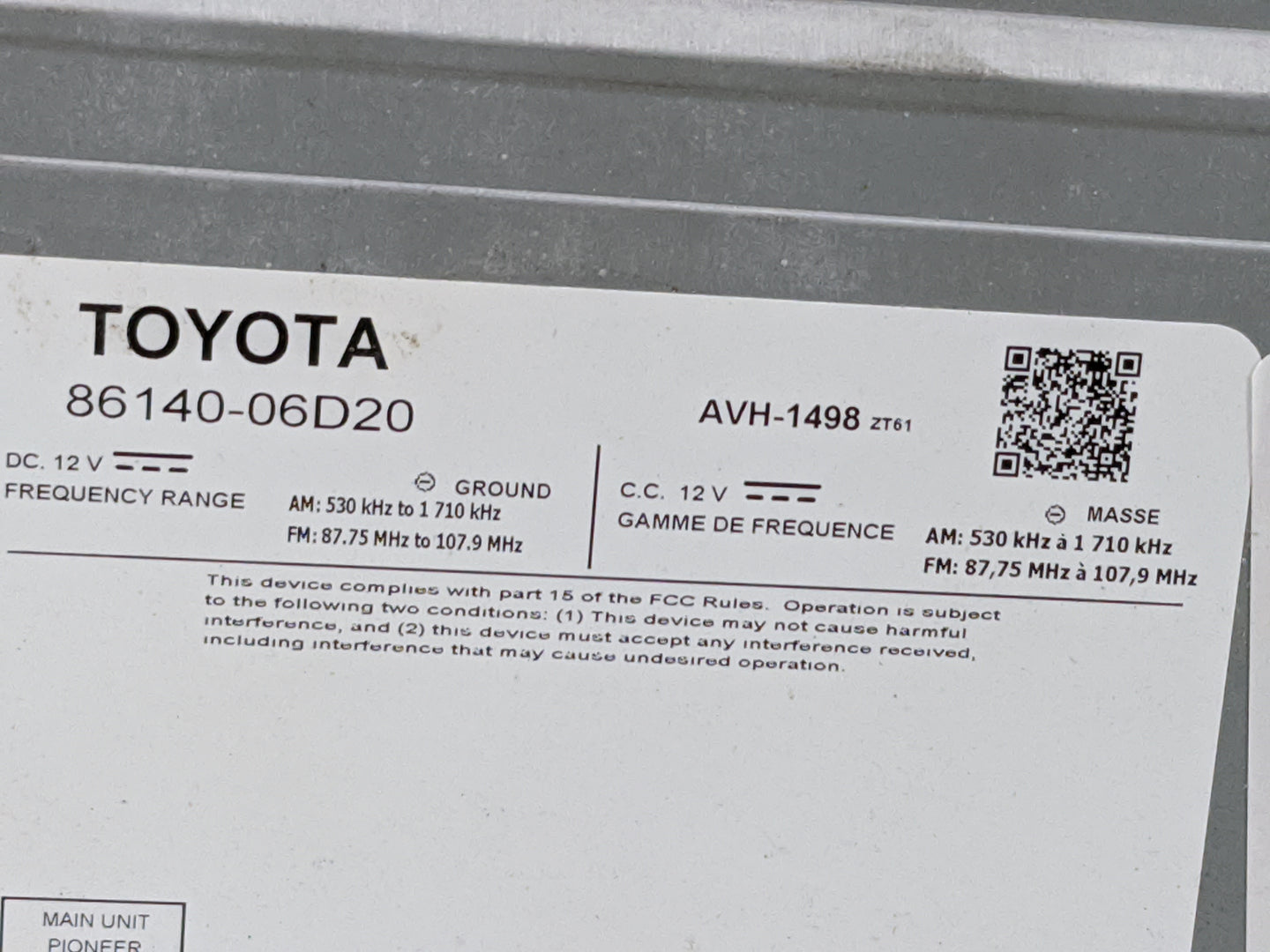 2018-2020 Toyota Camry Radio AM FM Cd Player Receiver Replacement P/N:86140-06D20 AVH-1498 Fits Fits 2018 2019 2020 OEM Used