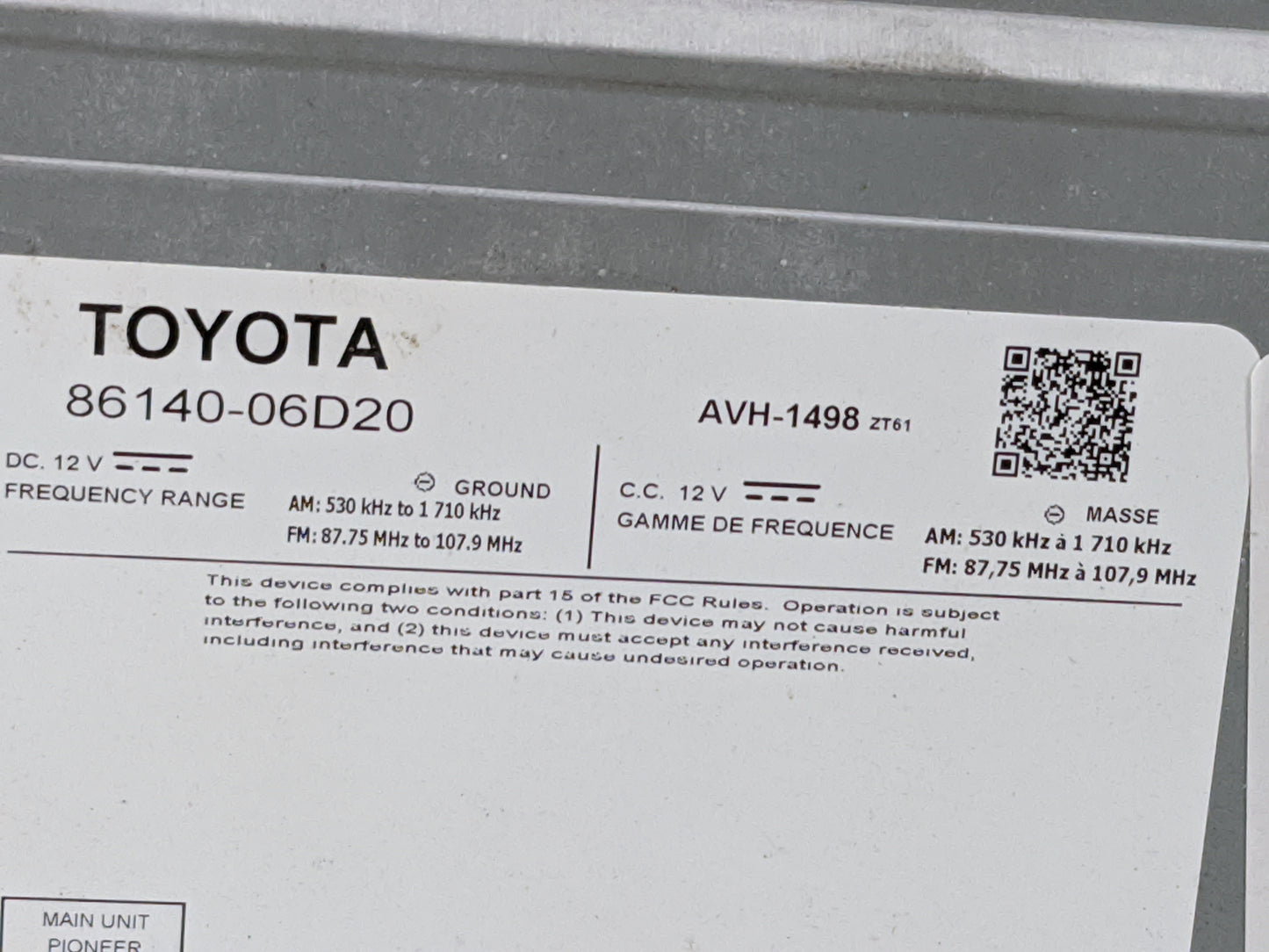 2018-2020 Toyota Camry Radio AM FM Cd Player Receiver Replacement P/N:86140-06D20 AVH-1498 Fits Fits 2018 2019 2020 OEM Used