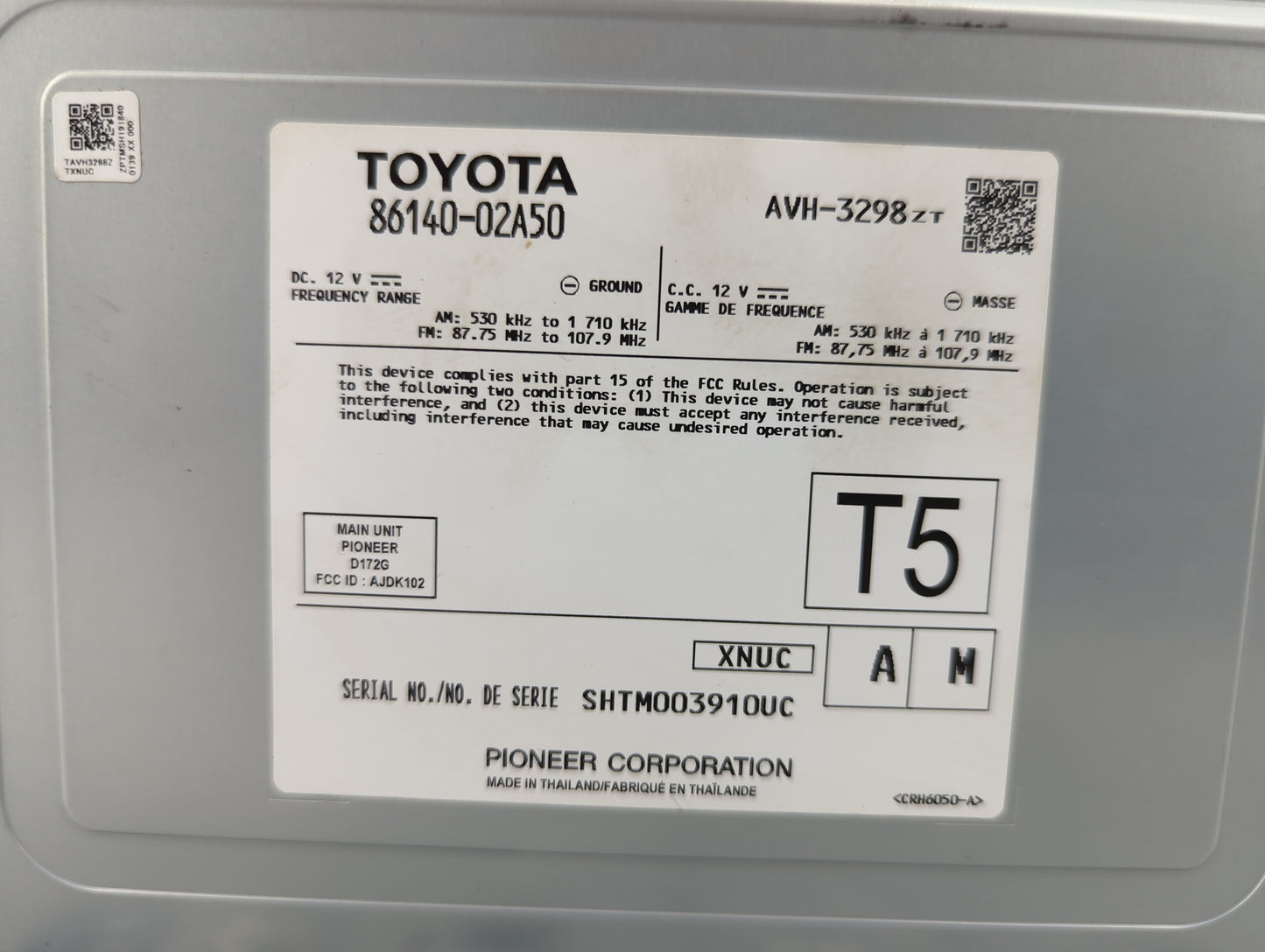 2020 Toyota Corolla Radio AM FM Cd Player Receiver Replacement P/N:86140-02A50 AVH-3298, D172G, AJDK102 Fits OEM Used Auto P
