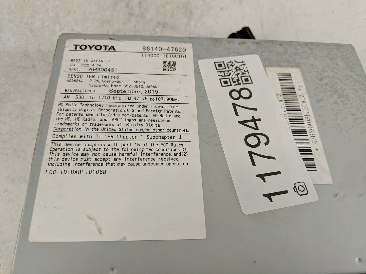 2019-2020 Toyota Prius Radio AM FM Cd Player Receiver Replacement P/N:86140-47620 Fits Fits 2019 2020 OEM Used Auto Parts - 