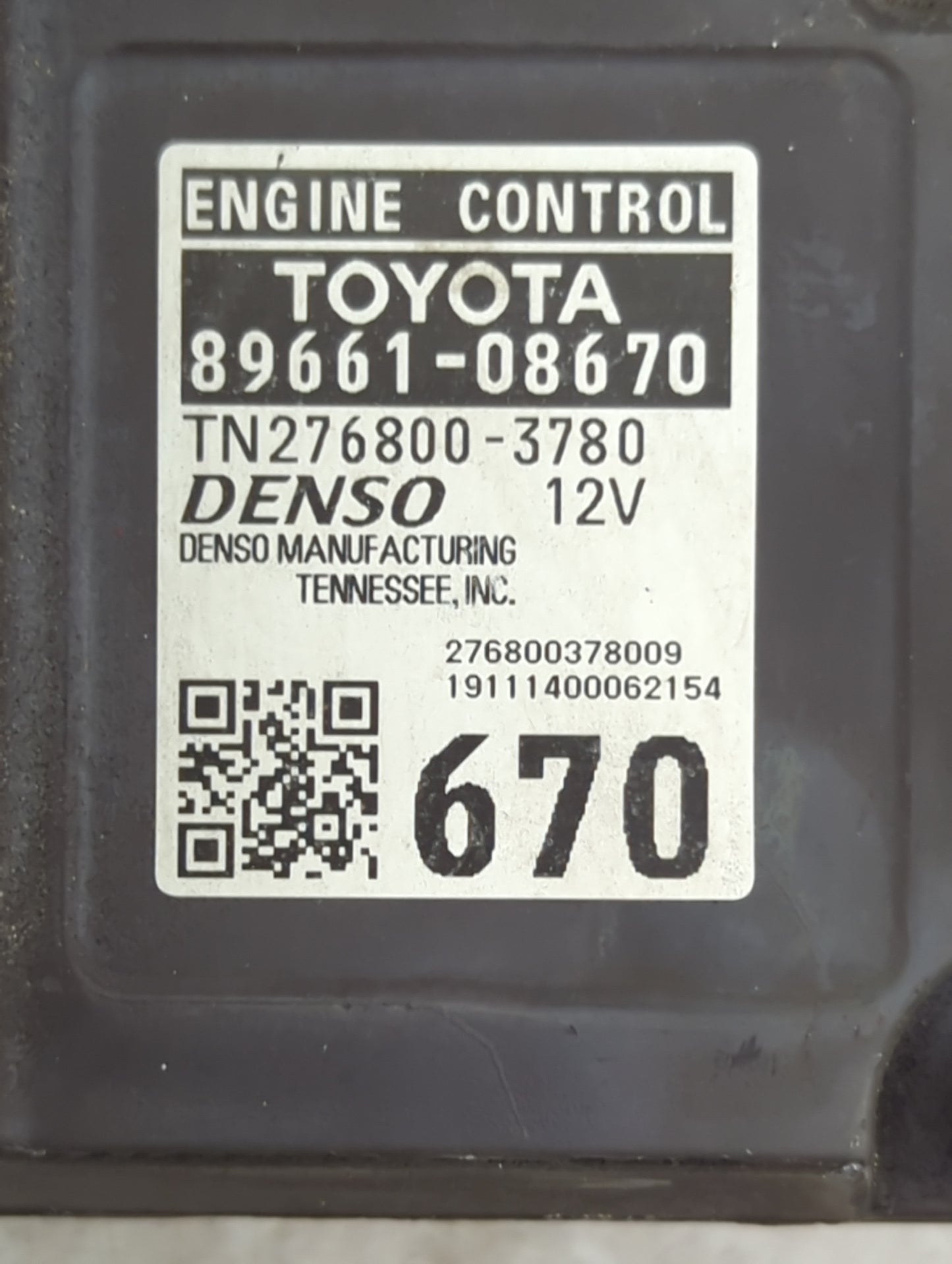 2018-2020 Toyota Sienna PCM Engine Control Computer ECU ECM PCU OEM P/N:89661-08670 TN276800-3780 Fits Fits 2018 2019 2020 O
