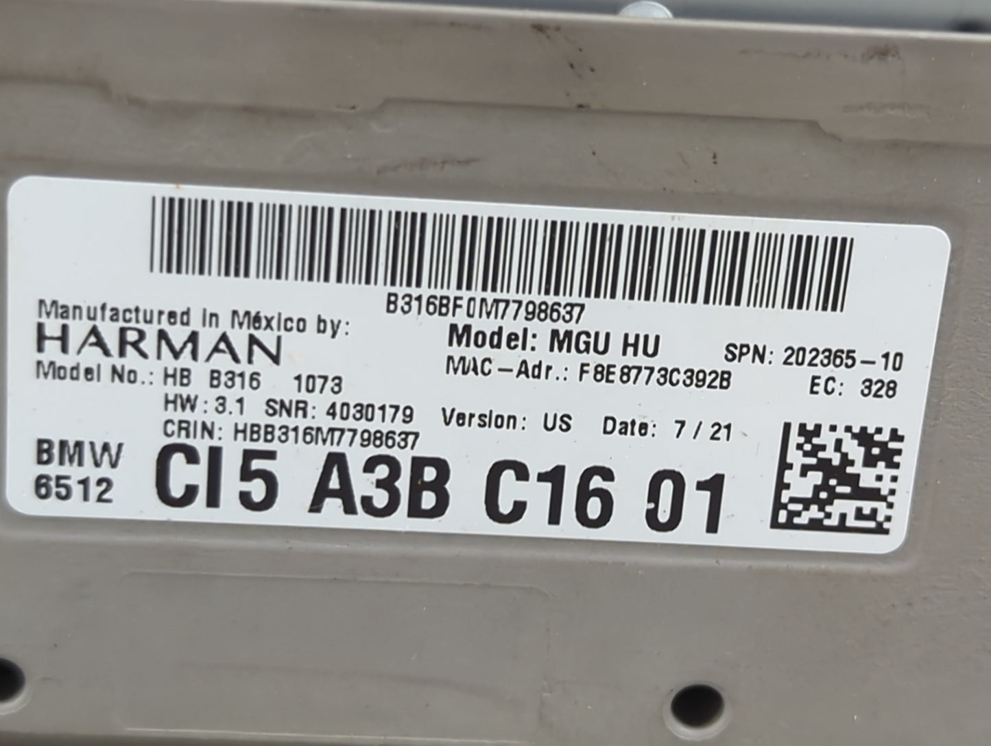 2021 Bmw 330i Radio AM FM Cd Player Receiver Replacement P/N:HBB316M7798637 HB B316 1073 Fits Fits 2018 2019 2020 2022 OEM U