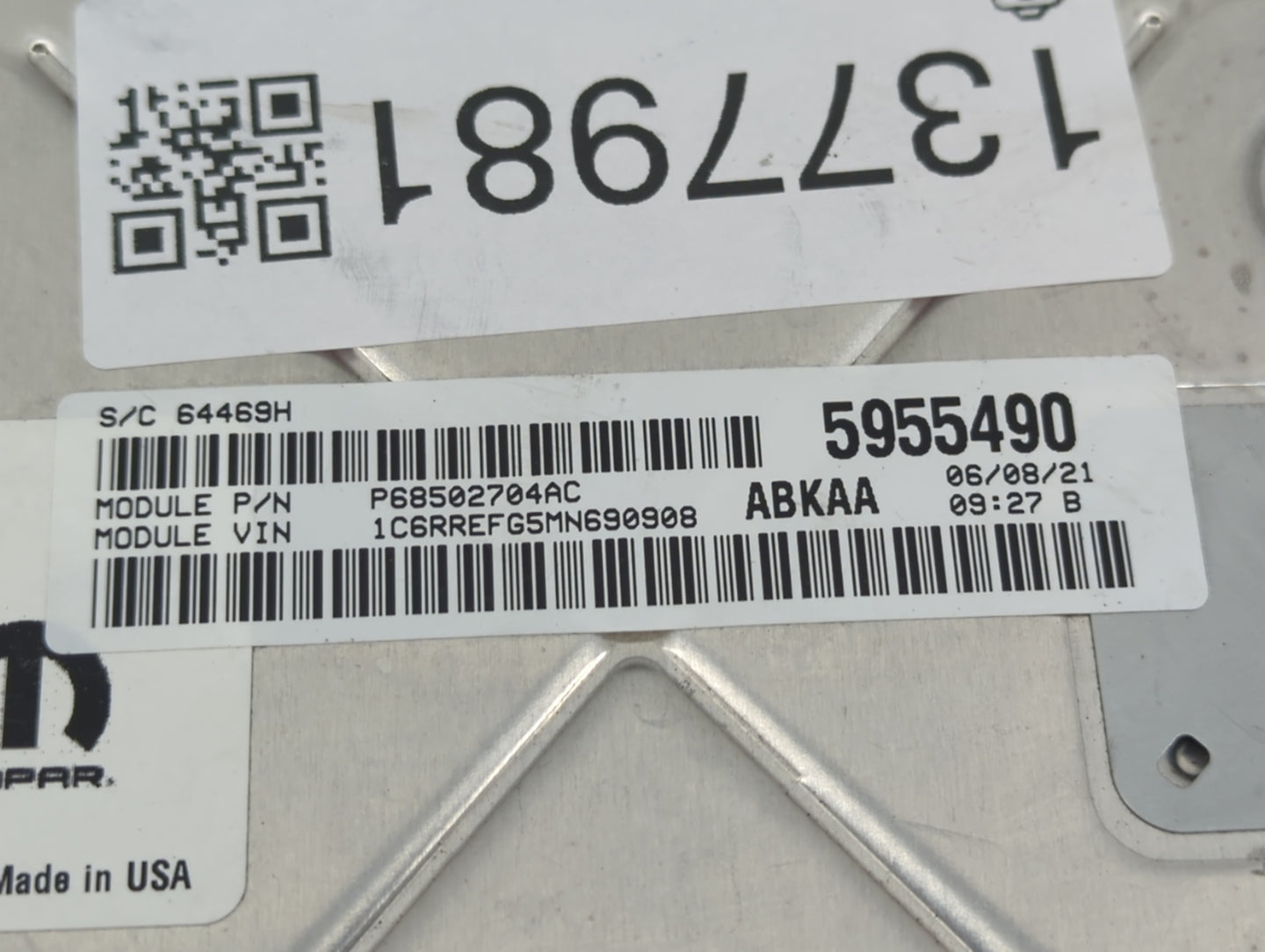 2021 Dodge Ram 1500 PCM Engine Control Computer ECU ECM PCU OEM P/N:68434926AB Fits Fits 2020 2022 OEM Used Auto Parts - Oem