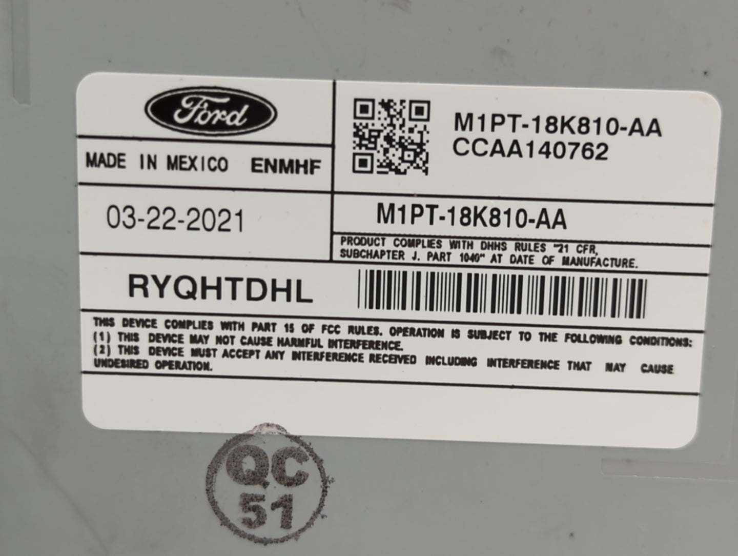 2021-2022 Ford Escape Radio AM FM Cd Player Receiver Replacement P/N:M1PT-18K810-AA CCAA140762 Fits Fits 2021 2022 OEM Used 