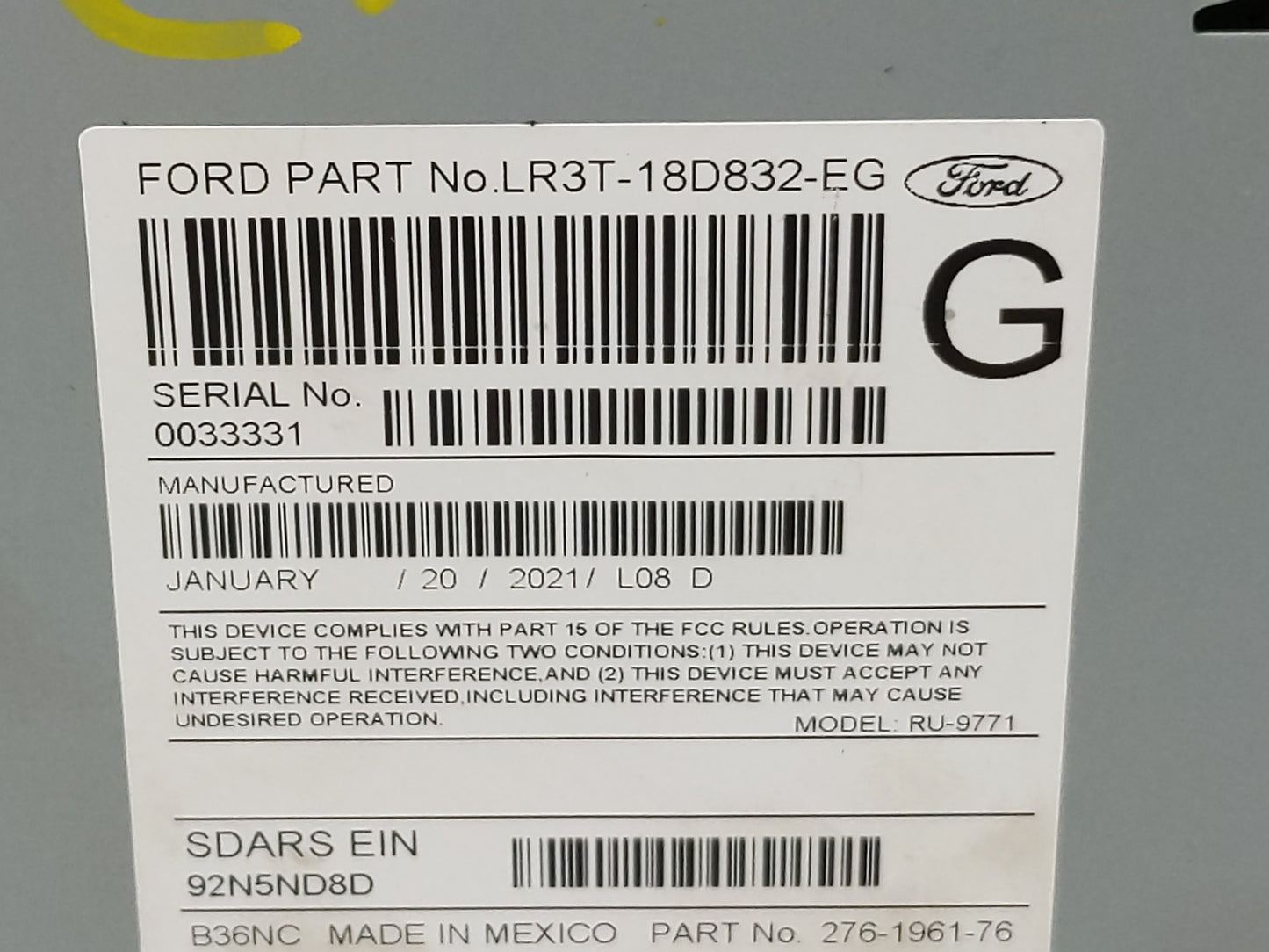 2019-2022 Ford Mustang Radio AM FM Cd Player Receiver Replacement P/N:LR3T-18D832-EG Fits Fits 2019 2020 2021 2022 OEM Used 