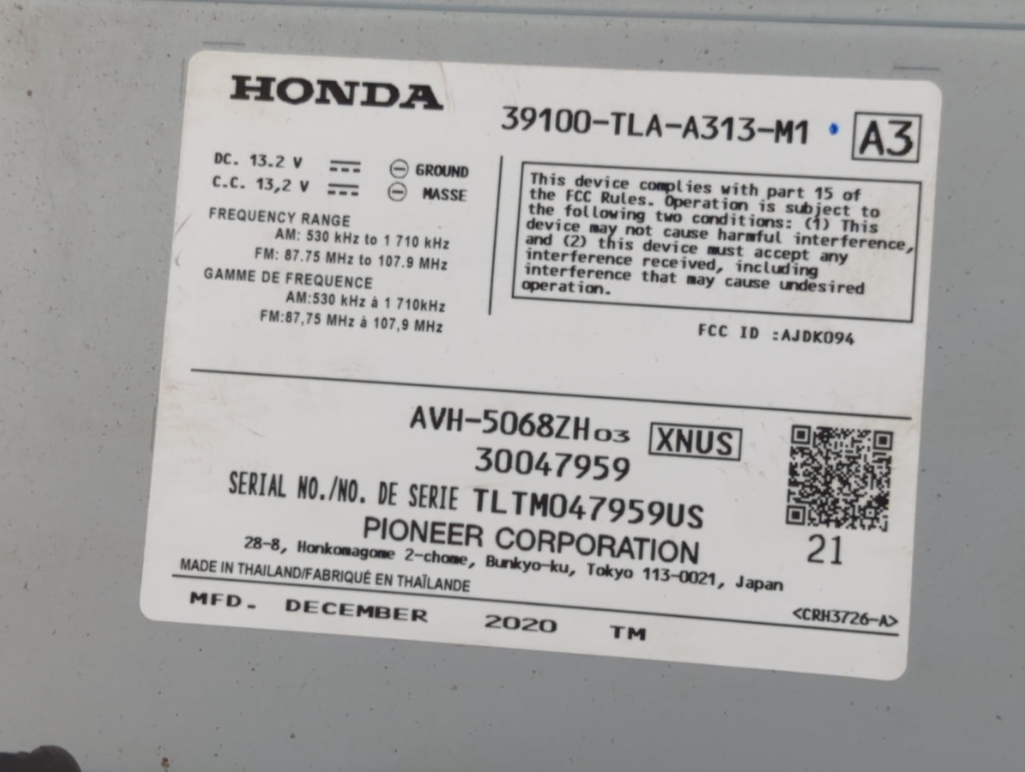 2018-2021 Honda Cr-V Radio AM FM Cd Player Receiver Replacement P/N:39100-TLA-A313-M1 Fits Fits 2018 2019 2020 2021 OEM Used