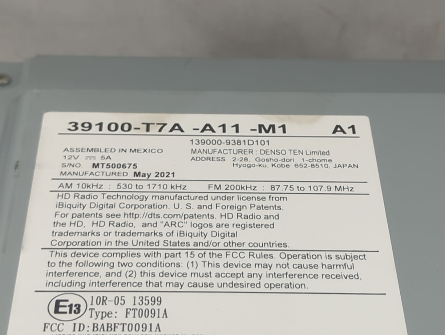 2019-2022 Honda Hr-V Radio AM FM Cd Player Receiver Replacement P/N:39100-T7A-A11-M1 139000-9381D101 Fits Fits 2019 2020 202