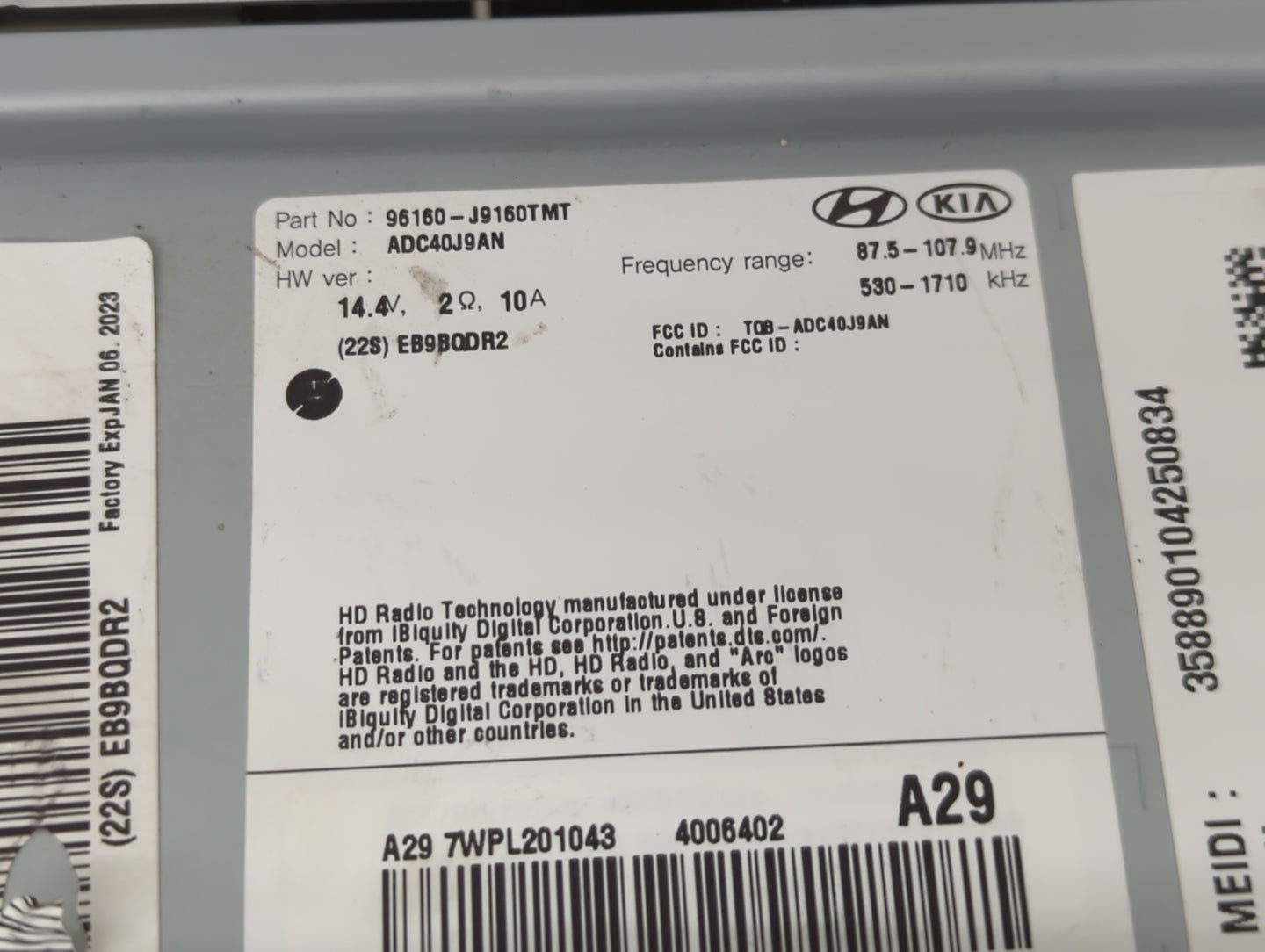 2019-2021 Hyundai Kona Radio AM FM Cd Player Receiver Replacement P/N:96180-J9160TMT Fits Fits 2019 2020 2021 OEM Used Auto 