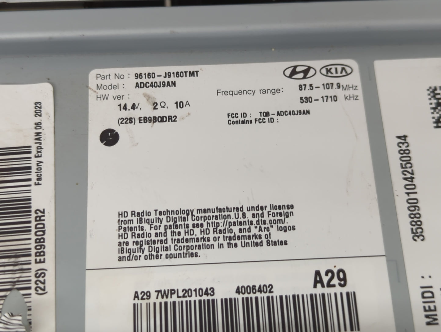 2019-2021 Hyundai Kona Radio AM FM Cd Player Receiver Replacement P/N:96180-J9160TMT Fits Fits 2019 2020 2021 OEM Used Auto 