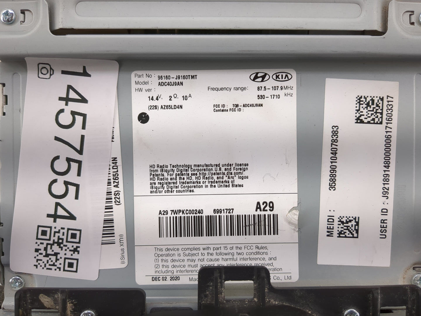 2019-2021 Hyundai Kona Radio AM FM Cd Player Receiver Replacement P/N:96160-J9160TMT Fits Fits 2019 2020 2021 OEM Used Auto 