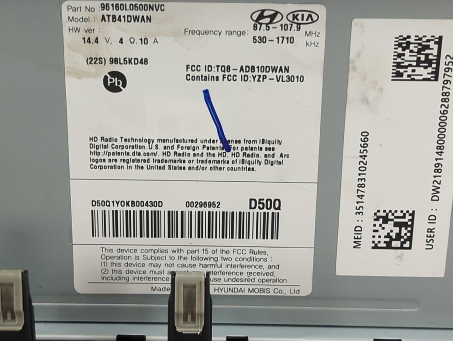 2020-2023 Hyundai Sonata Radio AM FM Cd Player Receiver Replacement P/N:96160L0500NVC Fits Fits 2020 2021 2022 2023 OEM Used