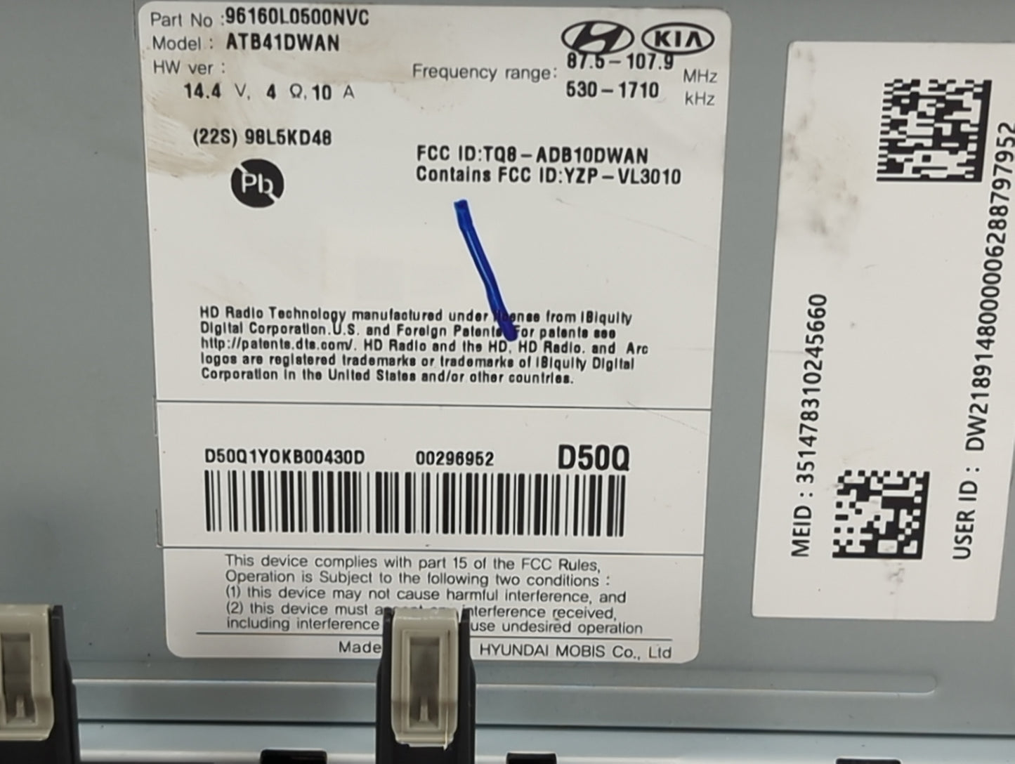 2020-2023 Hyundai Sonata Radio AM FM Cd Player Receiver Replacement P/N:96160L0500NVC Fits Fits 2020 2021 2022 2023 OEM Used