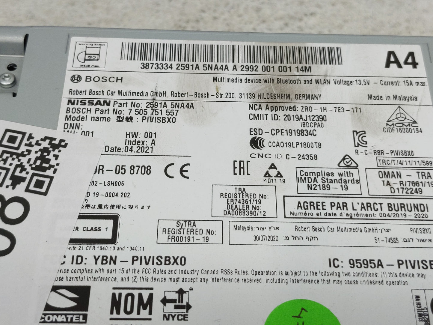 2019-2020 Infiniti Qx50 Radio AM FM Cd Player Receiver Replacement P/N:7 505 751 557 2591A 5NA4A Fits Fits 2019 2020 OEM Use