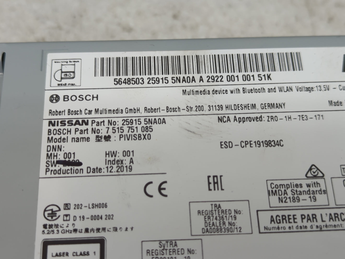 2019-2020 Infiniti Qx50 Radio AM FM Cd Player Receiver Replacement P/N:25915 5NA0A 7 515 751 085, PIVISBX0 Fits Fits 2019 20