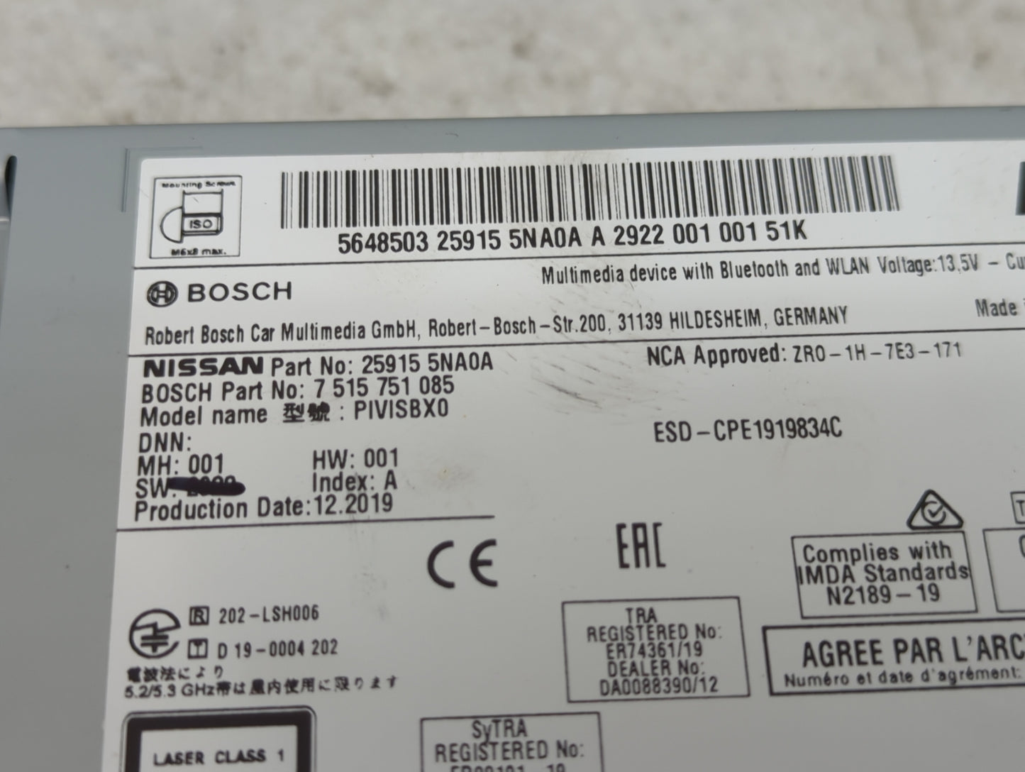 2019-2020 Infiniti Qx50 Radio AM FM Cd Player Receiver Replacement P/N:25915 5NA0A 7 515 751 085, PIVISBX0 Fits Fits 2019 20
