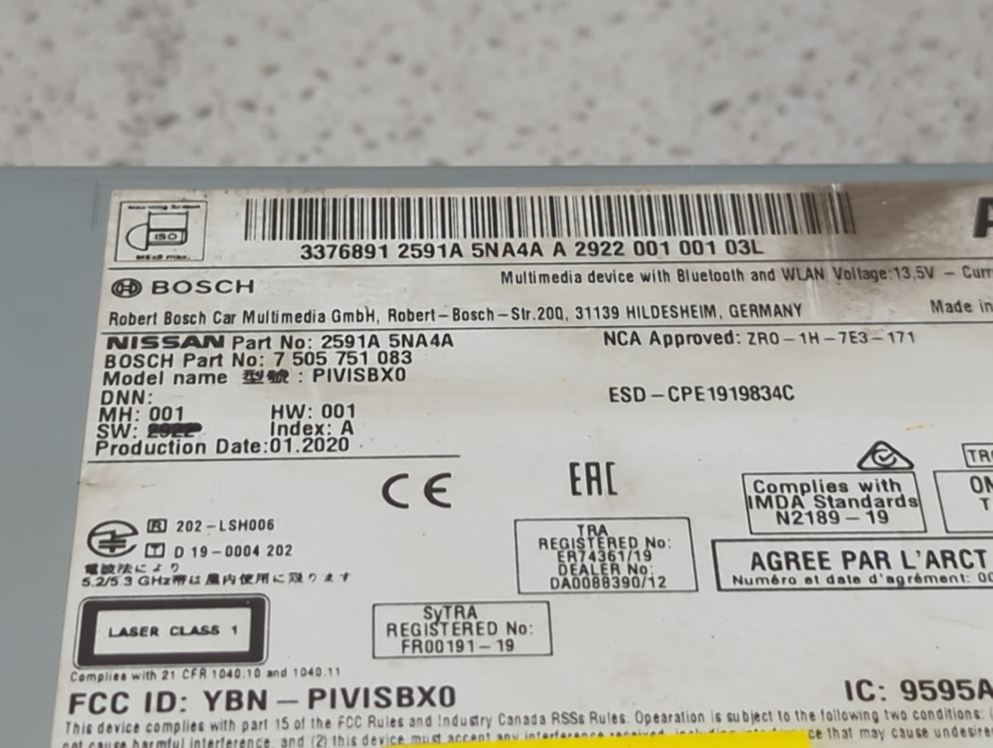 2019-2020 Infiniti Qx50 Radio AM FM Cd Player Receiver Replacement P/N:2591A 5NA4A 7 505 751 083, PIVISBX0 Fits Fits 2019 20
