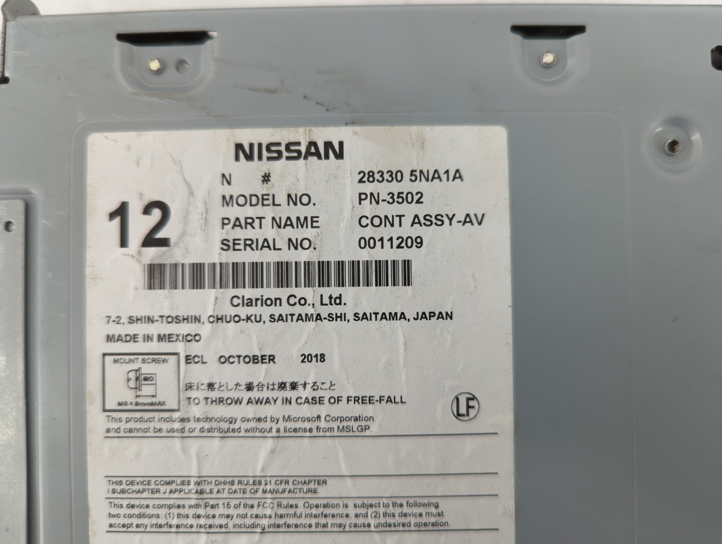 2019-2020 Infiniti Qx50 Radio AM FM Cd Player Receiver Replacement P/N:28330 5NA0A 25915 5NA0A Fits Fits 2019 2020 OEM Used 