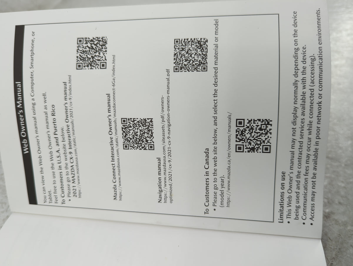 2021 Mazda Cx-9 Owners Manual Book Guide P/N:9999-95-011C-21 OEM Used Auto Parts - Oemusedautoparts1.com