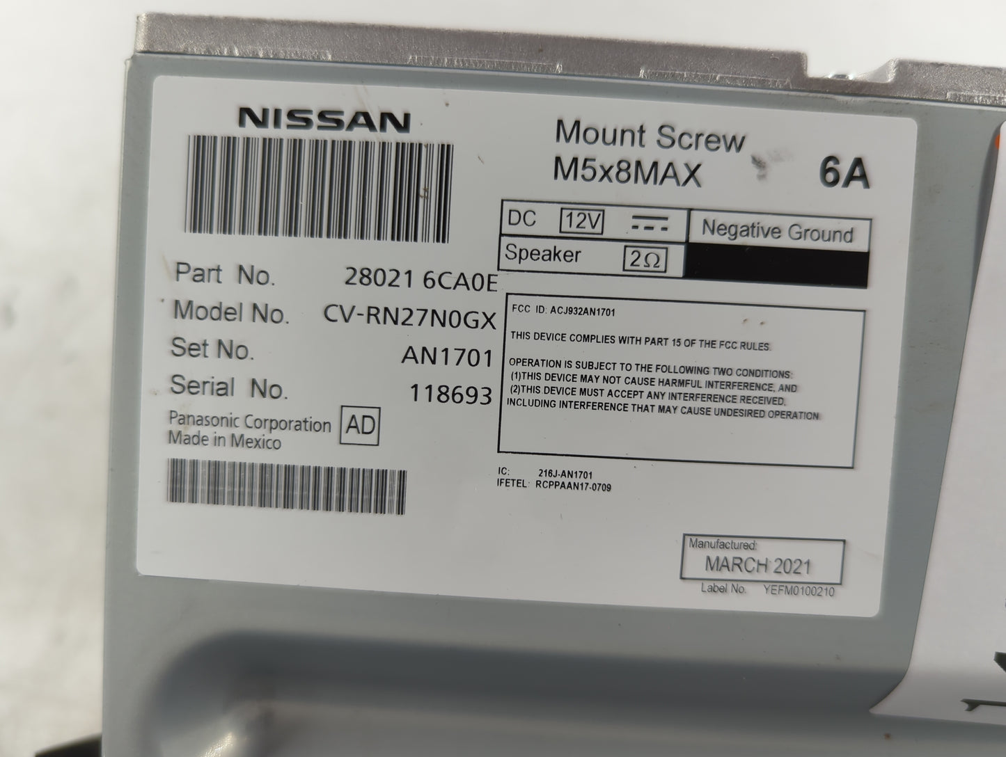 2021 Nissan Altima Radio AM FM Cd Player Receiver Replacement P/N:280216CA0E CV-RN27N0GX, AN1701, ACJ932AN1701, 216J-AN1701 