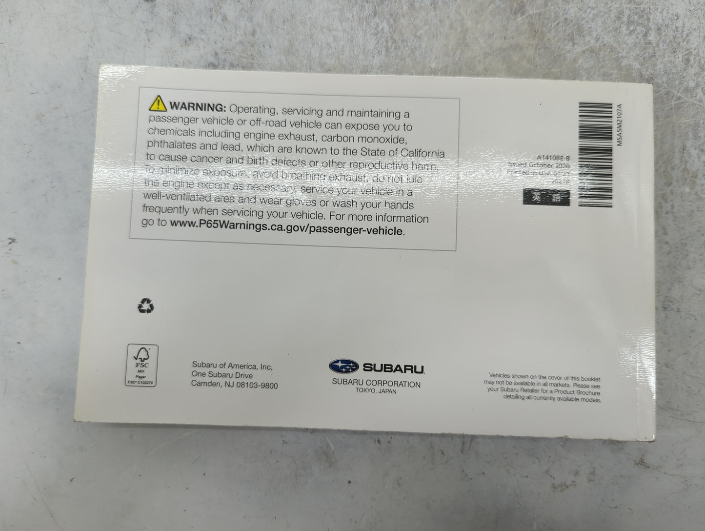 2021 Subaru Crosstrek Owners Manual Book Guide P/N:A1410BE-B MSA5M2107A OEM Used Auto Parts - Oemusedautoparts1.com