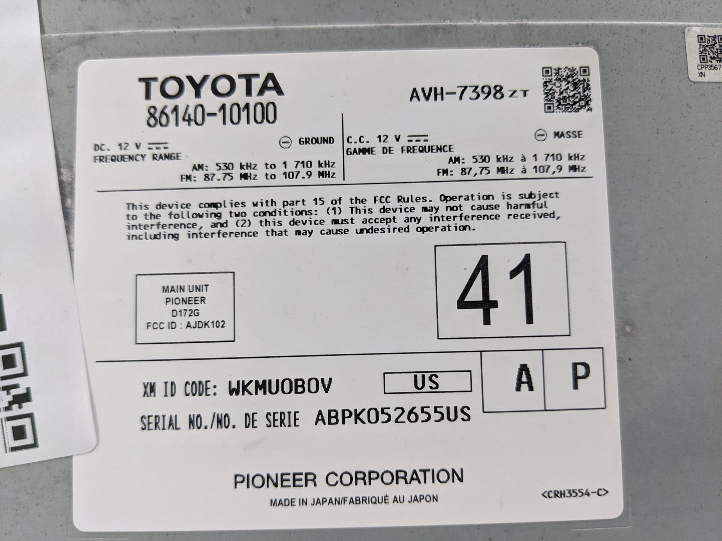 2020-2022 Toyota C-Hr Radio AM FM Cd Player Receiver Replacement P/N:86140-10100 Fits Fits 2020 2021 2022 OEM Used Auto Part