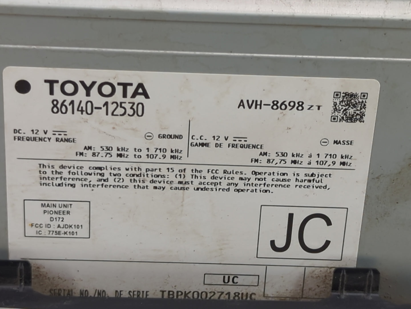 2021 Toyota Corolla Radio AM FM Cd Player Receiver Replacement P/N:86140-12530 AVH-8698 Fits OEM Used Auto Parts - Oemusedau
