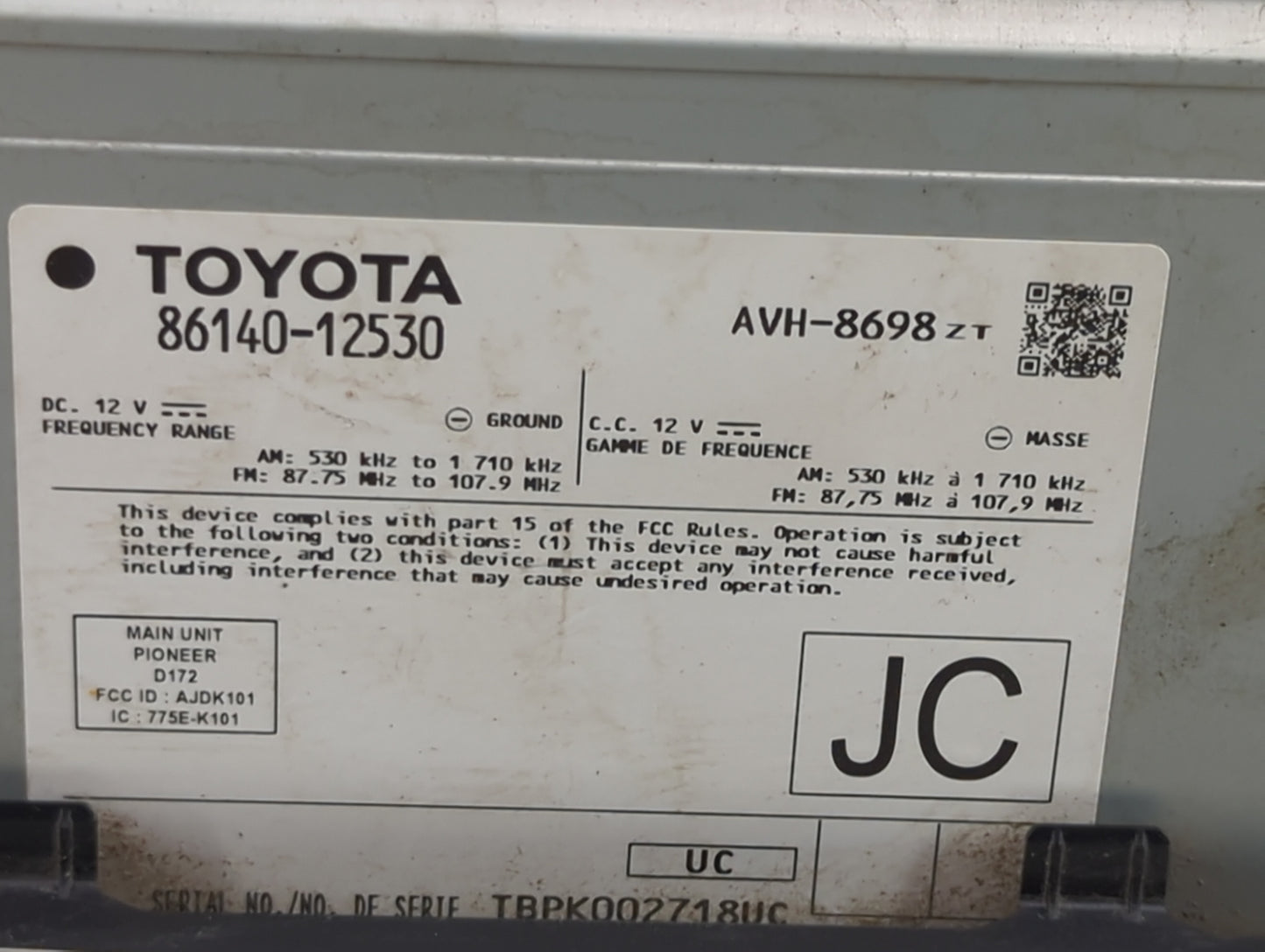 2021 Toyota Corolla Radio AM FM Cd Player Receiver Replacement P/N:86140-12530 AVH-8698 Fits OEM Used Auto Parts - Oemusedau