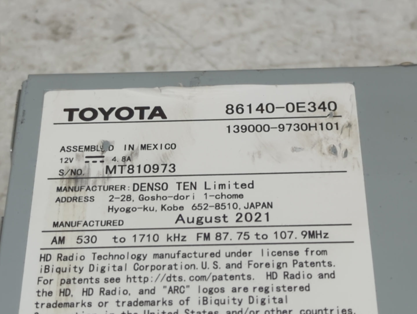 2020-2022 Toyota Highlander Radio AM FM Cd Player Receiver Replacement P/N:86140-0E340 139000-9730H101 Fits Fits 2020 2021 2