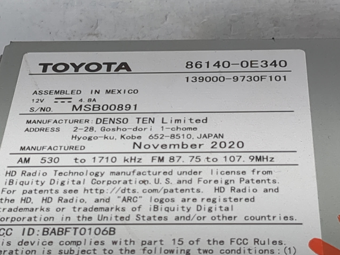 2020-2022 Toyota Highlander Radio AM FM Cd Player Receiver Replacement P/N:86140-0E340 139000-9730F101 Fits Fits 2020 2021 2
