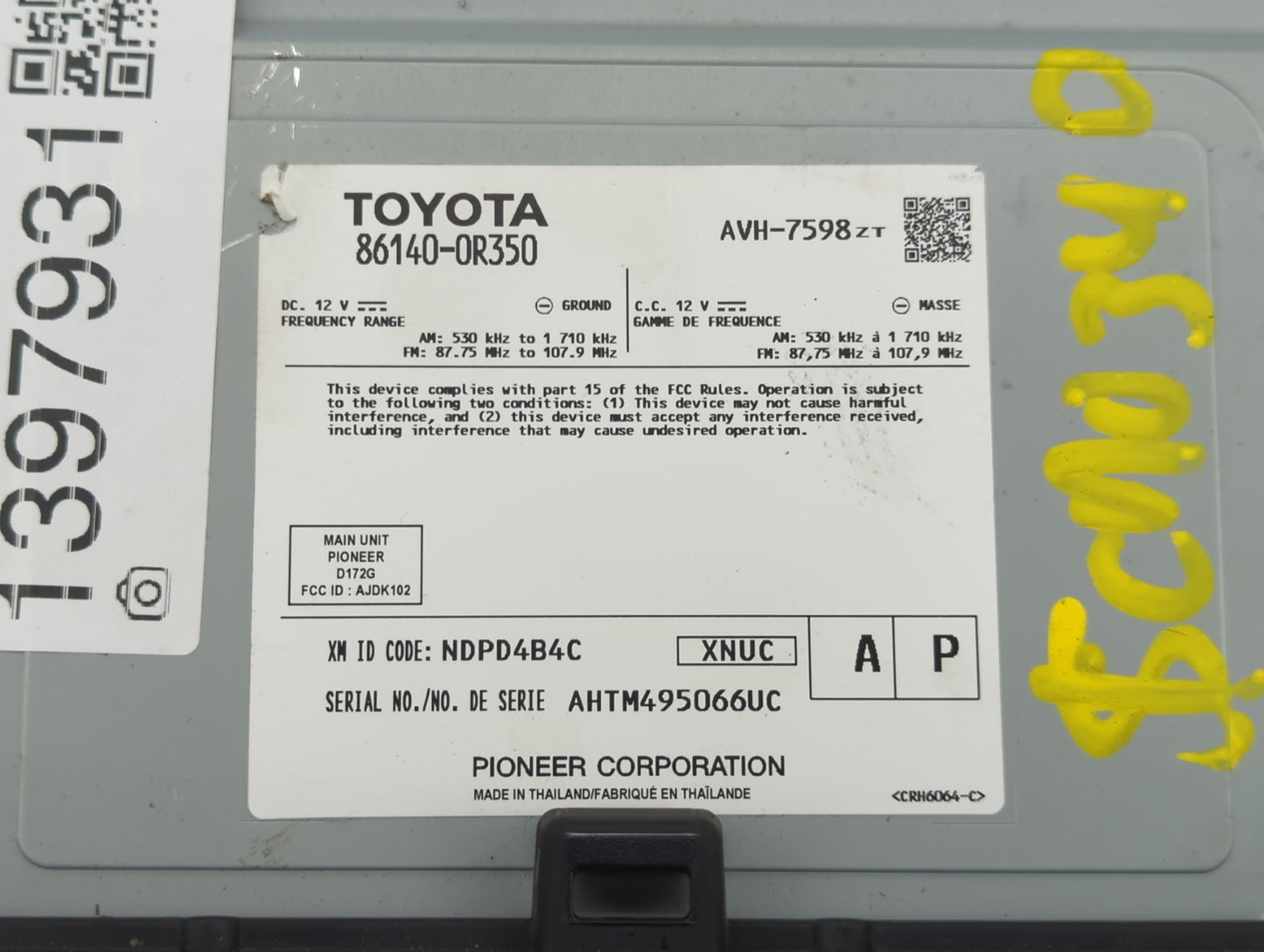 2019-2021 Toyota Rav4 Radio AM FM Cd Player Receiver Replacement P/N:86140-0R350 Fits Fits 2019 2020 2021 OEM Used Auto Part