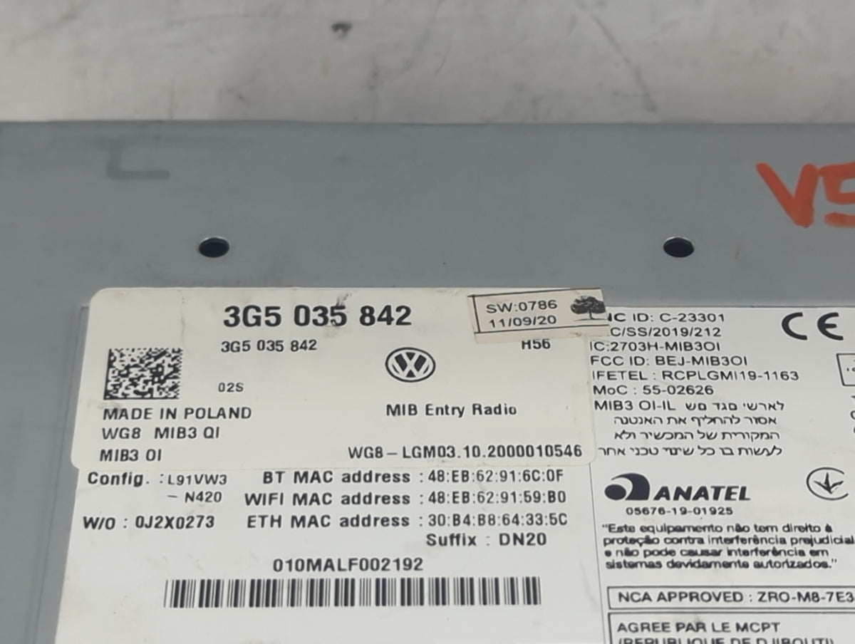 2020 Volkswagen Atlas Radio AM FM Cd Player Receiver Replacement P/N:3G5 035 842 3G5035842, BEJ-MIB3OI Fits OEM Used Auto Pa