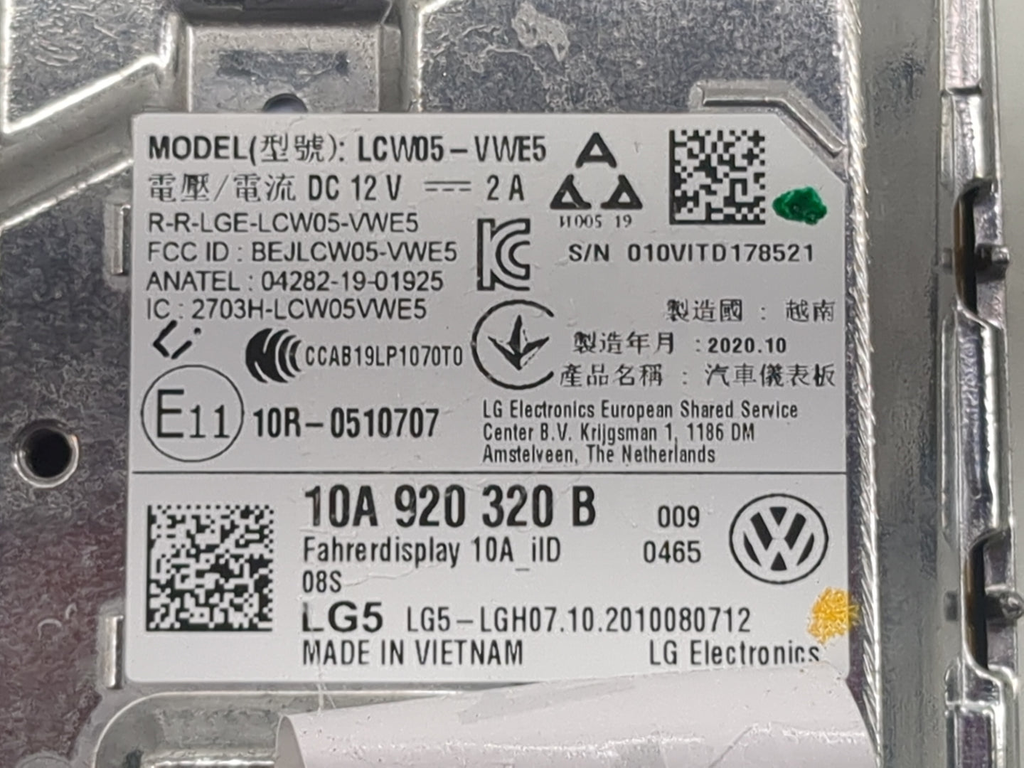 2021 Volkswagen Id4 Instrument Cluster Speedometer Gauges P/N:LCW05-VWE5 BEJLCW05-VWE5, 2703H-LCW05VWE5, 10A920320B Miles: F