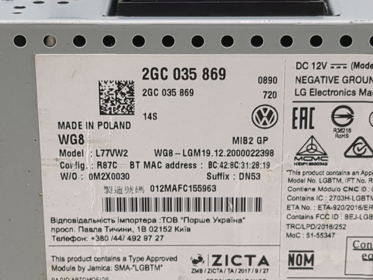 2020-2021 Volkswagen Jetta Radio AM FM Cd Player Receiver Replacement P/N:2GC035869 L77VW2 Fits 2020 2021 OEM Used Auto Part