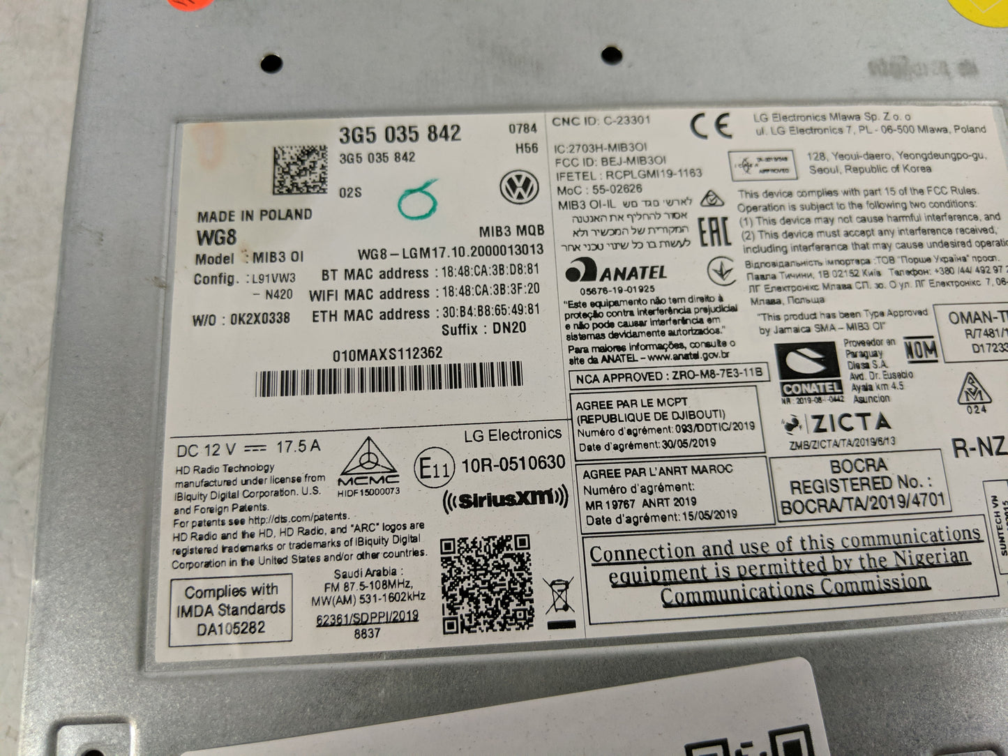 2018-2021 Volkswagen Tiguan Radio AM FM Cd Player Receiver Replacement P/N:3G5 035 842 Fits Fits 2018 2019 2020 2021 OEM Use