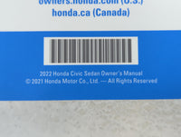 2022 Honda Civic Owners Manual Book Guide P/N:00X31-T20-6000 31T20600 OEM Used Auto Parts - Oemusedautoparts1.com