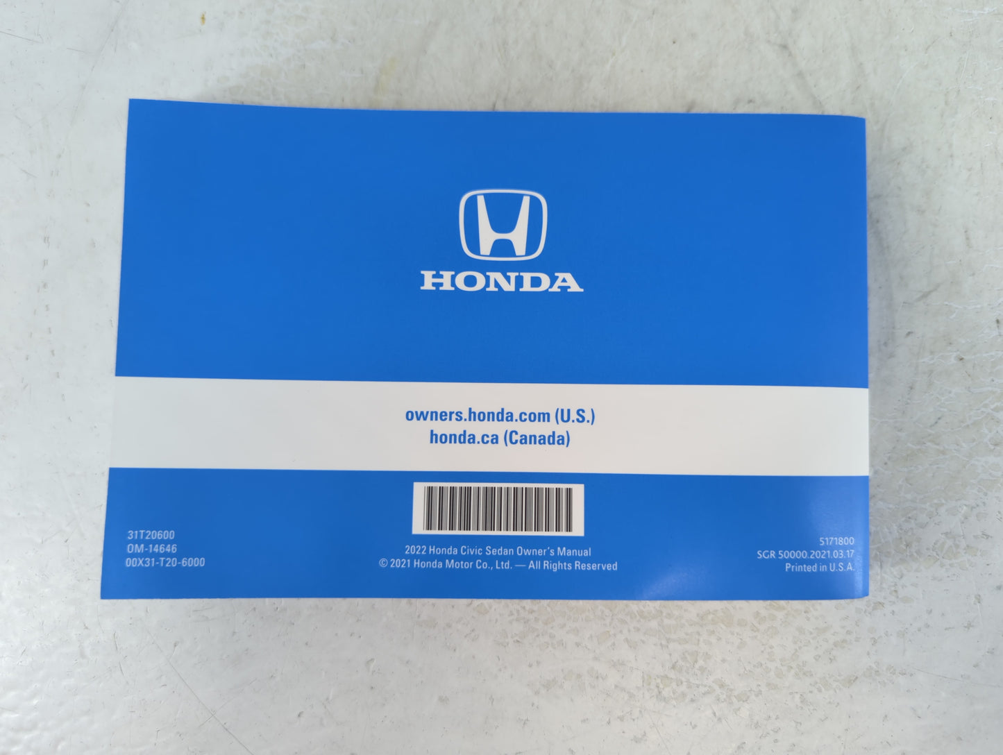 2022 Honda Civic Owners Manual Book Guide P/N:00X31-T20-6000 31T20600 OEM Used Auto Parts - Oemusedautoparts1.com