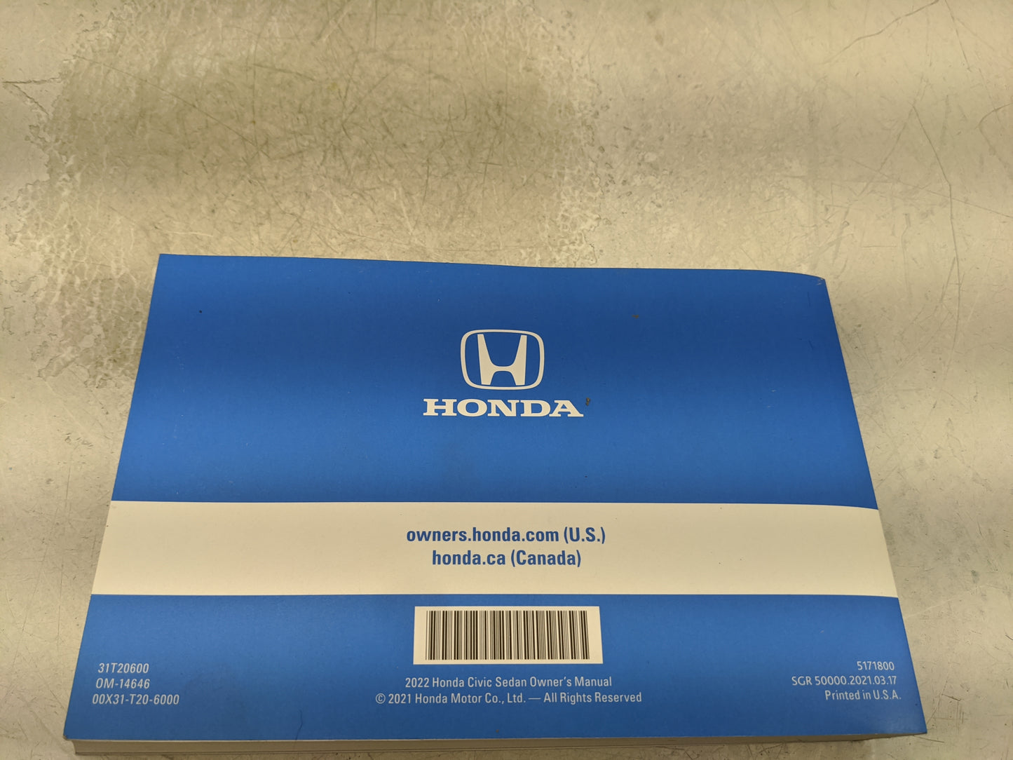 2022 Honda Civic Owners Manual Book Guide P/N:31T20600 00X31-T20-6000 OEM Used Auto Parts - Oemusedautoparts1.com
