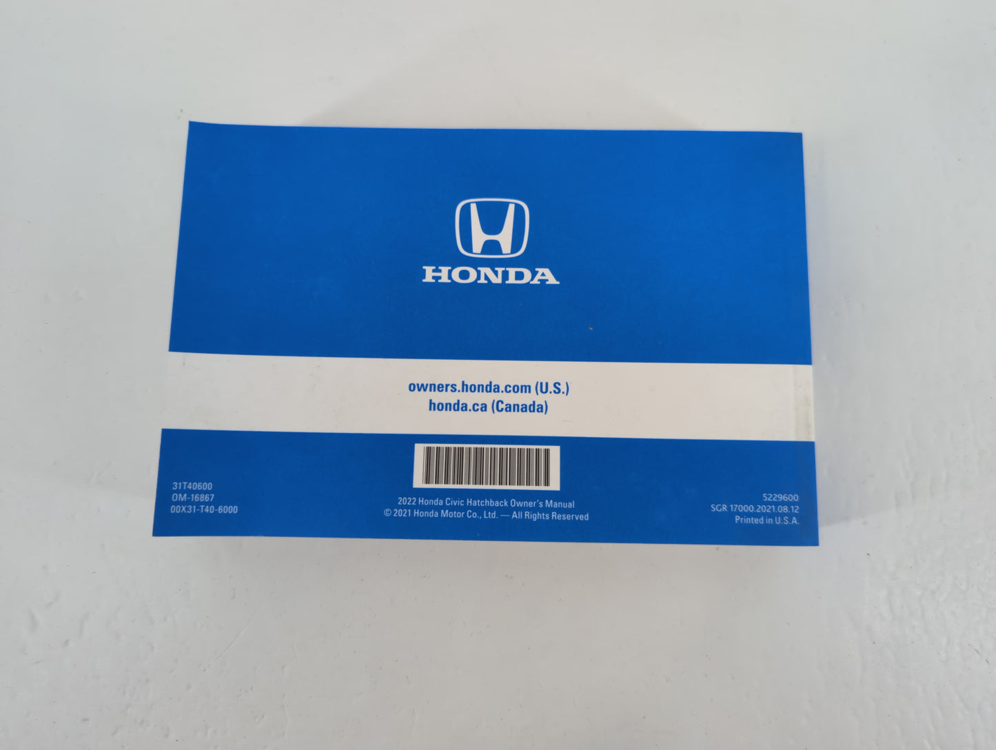 2022 Honda Civic Owners Manual Book Guide P/N:00X31-T40-6000 0M-16867, 31T40600 OEM Used Auto Parts - Oemusedautoparts1.com