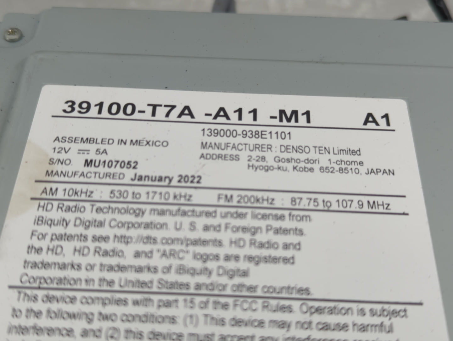 2019-2022 Honda Hr-V Radio AM FM Cd Player Receiver Replacement P/N:39100-T7A-A11-M1 Fits Fits 2019 2020 2021 2022 OEM Used 