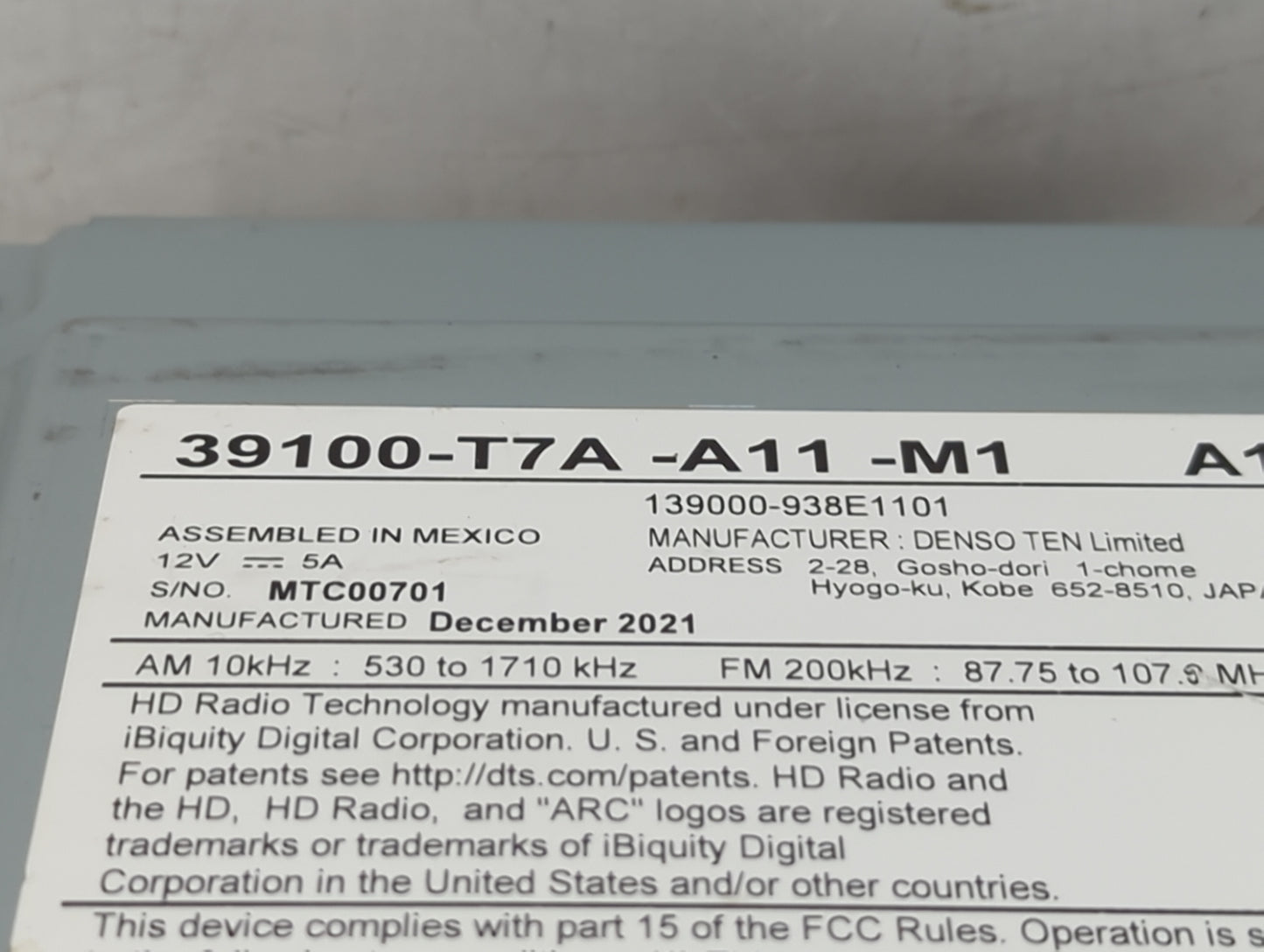 2019-2022 Honda Hr-V Radio AM FM Cd Player Receiver Replacement P/N:39100-T7A-A11-M1 Fits Fits 2019 2020 2021 2022 OEM Used 