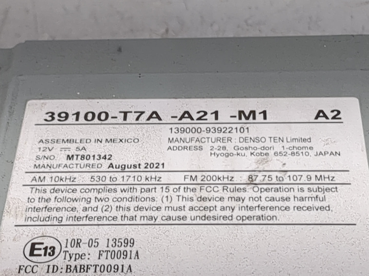 2019-2022 Honda Hr-V Radio AM FM Cd Player Receiver Replacement P/N:39100-T7A-A21-M1 139000-93922101 Fits Fits 2019 2020 202