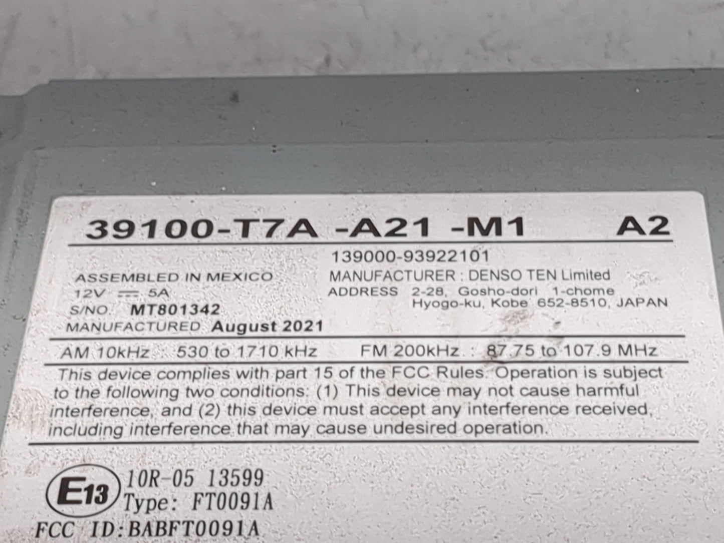 2019-2022 Honda Hr-V Radio AM FM Cd Player Receiver Replacement P/N:39100-T7A-A21-M1 139000-93922101 Fits Fits 2019 2020 202