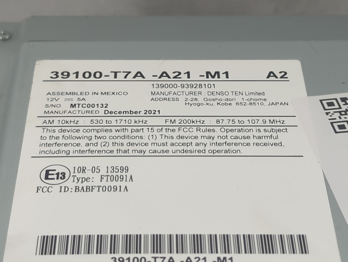 2019-2022 Honda Hr-V Radio AM FM Cd Player Receiver Replacement P/N:39100-T7A-A21-M1 139000-93928101 Fits Fits 2019 2020 202