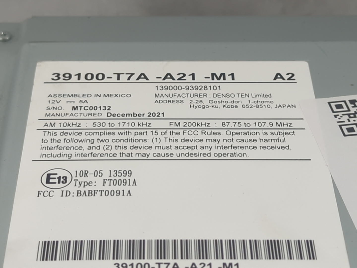 2019-2022 Honda Hr-V Radio AM FM Cd Player Receiver Replacement P/N:39100-T7A-A21-M1 139000-93928101 Fits Fits 2019 2020 202